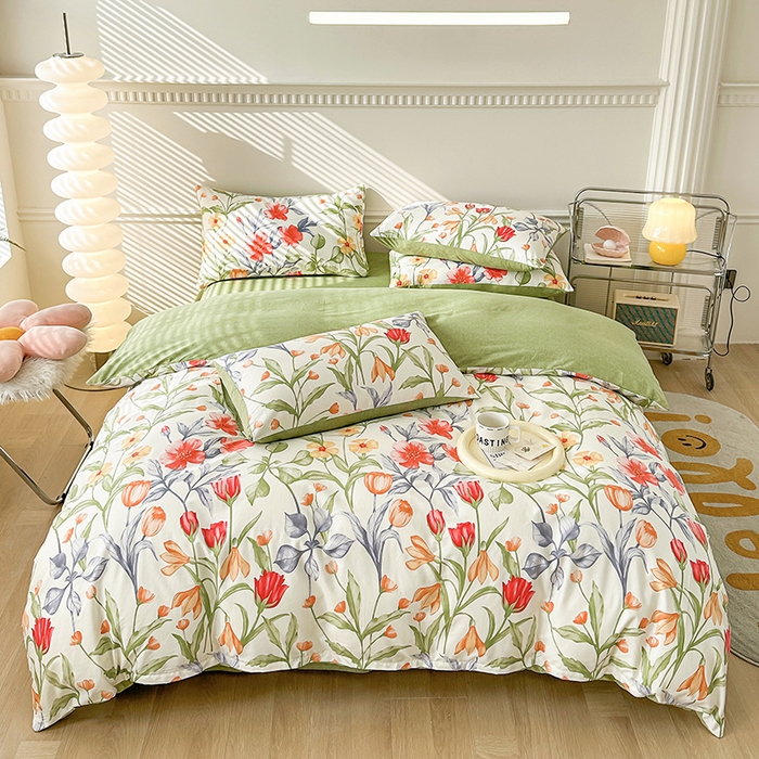 91家纺网 家纺一手货源 找家纺 宇彬家纺 2026直播新款13372A类全棉纯棉印花床单床笠款四件套和单被套喷气清新简约 朵霏