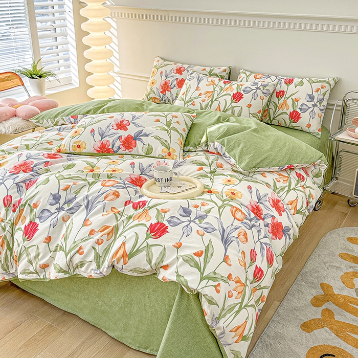 91家纺网 家纺一手货源 找家纺 宇彬家纺 2026直播新款13372A类全棉纯棉印花床单床笠款四件套和单被套喷气清新简约 朵霏