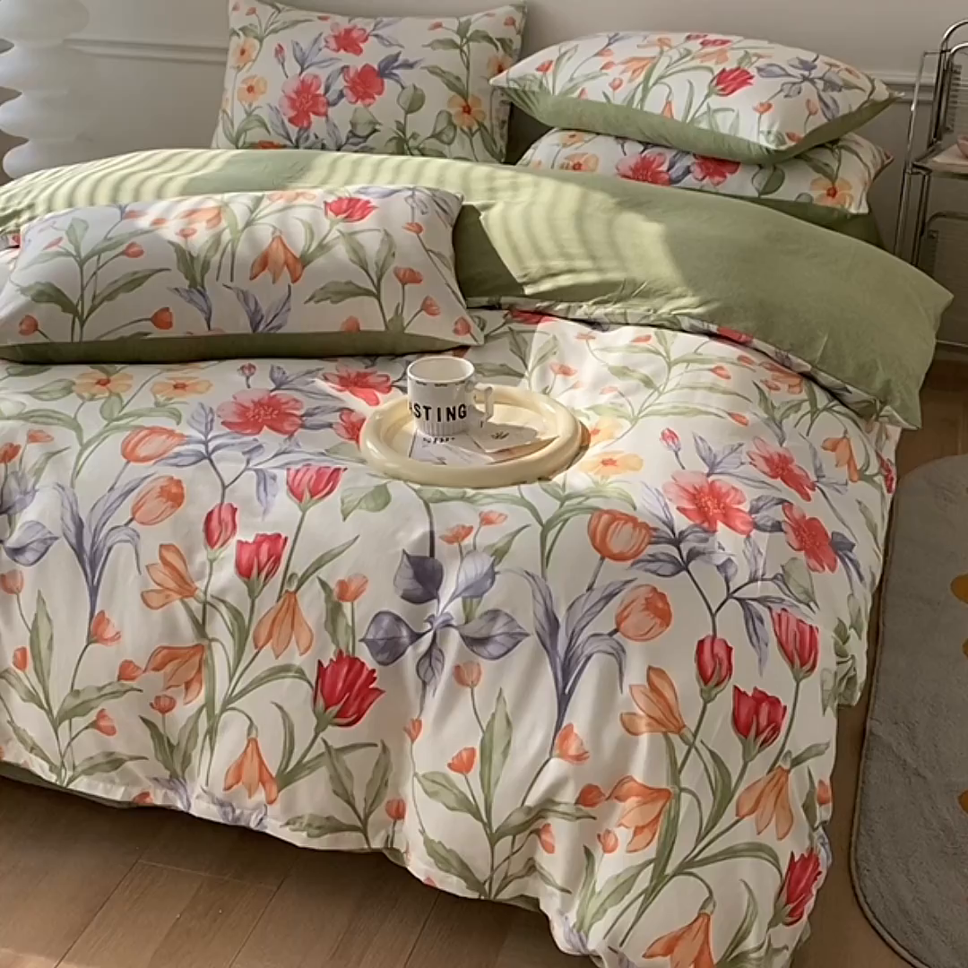 91家纺网 家纺一手货源 找家纺 宇彬家纺 2026直播新款13372A类全棉纯棉印花床单床笠款四件套和单被套喷气清新简约 朵霏