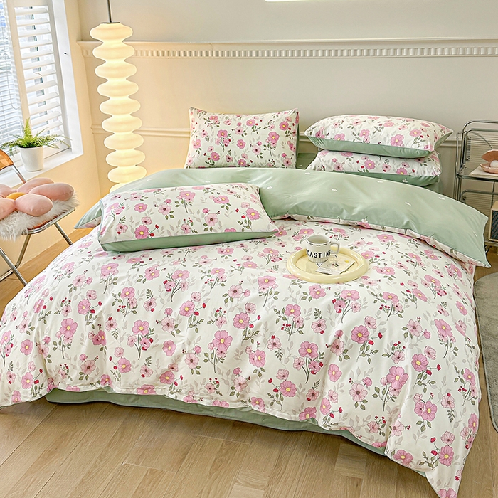 91家纺网 家纺一手货源 找家纺 宇彬家纺 2026直播新款13372A类全棉纯棉印花床单床笠款四件套和单被套喷气清新简约 花漫蹊粉