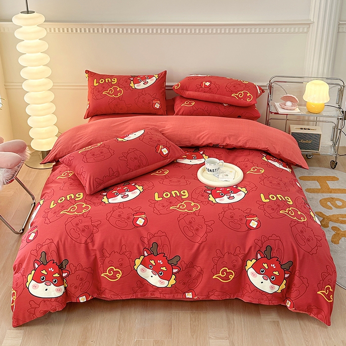 91家纺网 家纺一手货源 找家纺 宇彬家纺 2026直播新款13372A类全棉纯棉印花床单床笠款四件套和单被套喷气清新简约 龙瑞-红