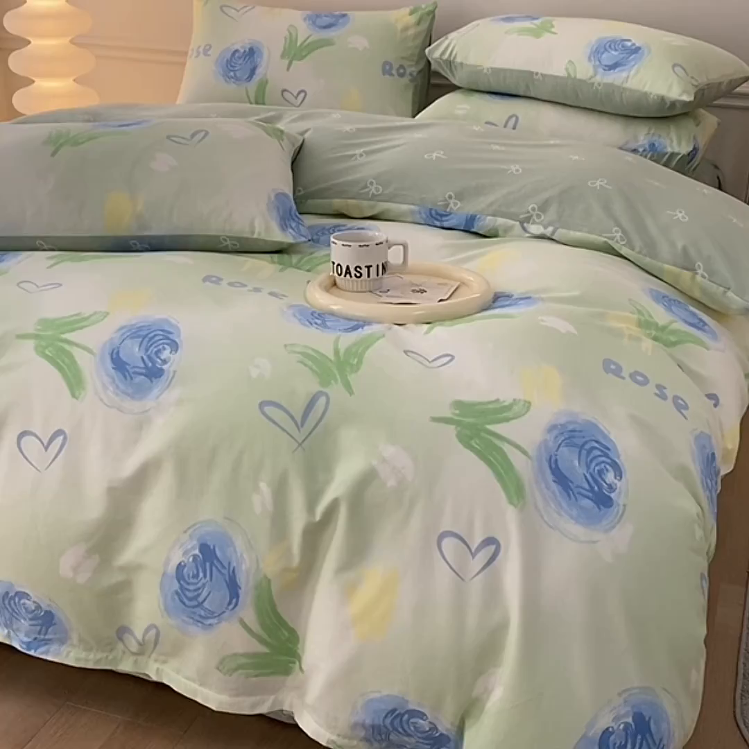 91家纺网 家纺一手货源 找家纺 宇彬家纺 2026直播新款13372A类全棉纯棉印花床单床笠款四件套和单被套喷气清新简约 墨妍