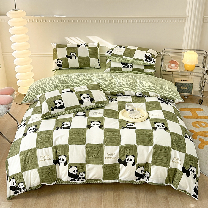 91家纺网 家纺一手货源 找家纺 宇彬家纺 2026直播新款13372A类全棉纯棉印花床单床笠款四件套和单被套喷气清新简约 熊猫胖达