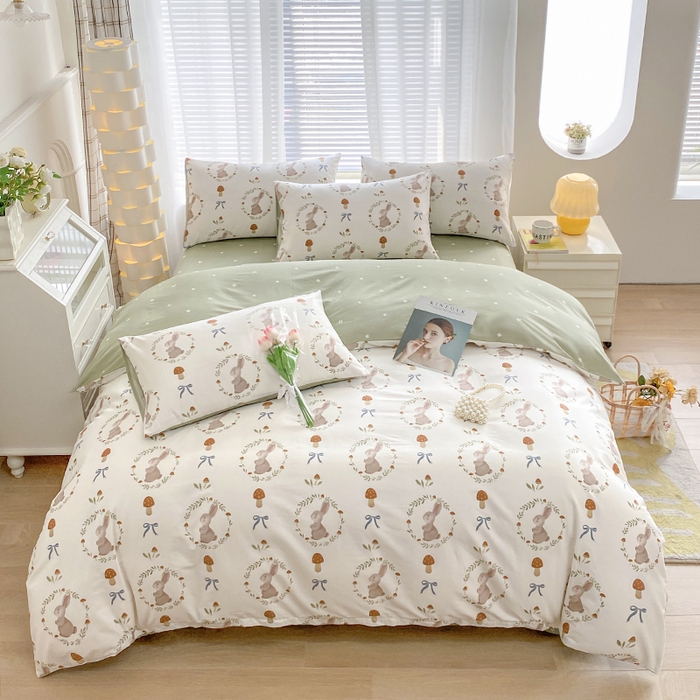 91家纺网 家纺一手货源 找家纺 宇彬家纺 2026直播新款13372A类全棉纯棉印花床单床笠款四件套和单被套喷气清新简约 比菲兔