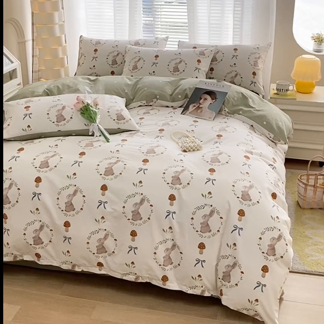 91家纺网 家纺一手货源 找家纺 宇彬家纺 2026直播新款13372A类全棉纯棉印花床单床笠款四件套和单被套喷气清新简约 比菲兔