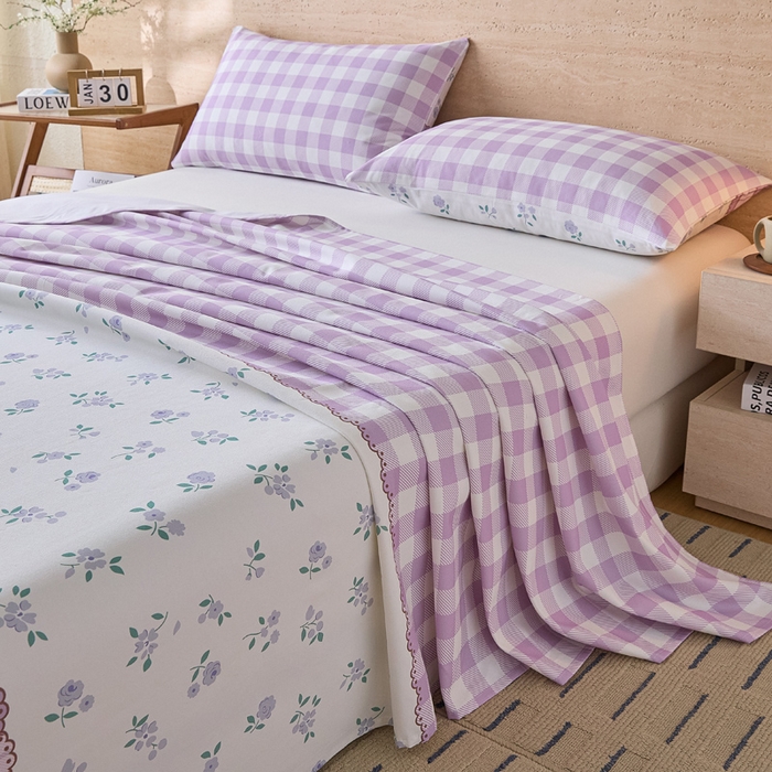 91家纺网 家纺一手货源 找家纺 大元 2026新款全棉纯棉老粗布凉席席子单床单 床单单件 紫格薰衣草