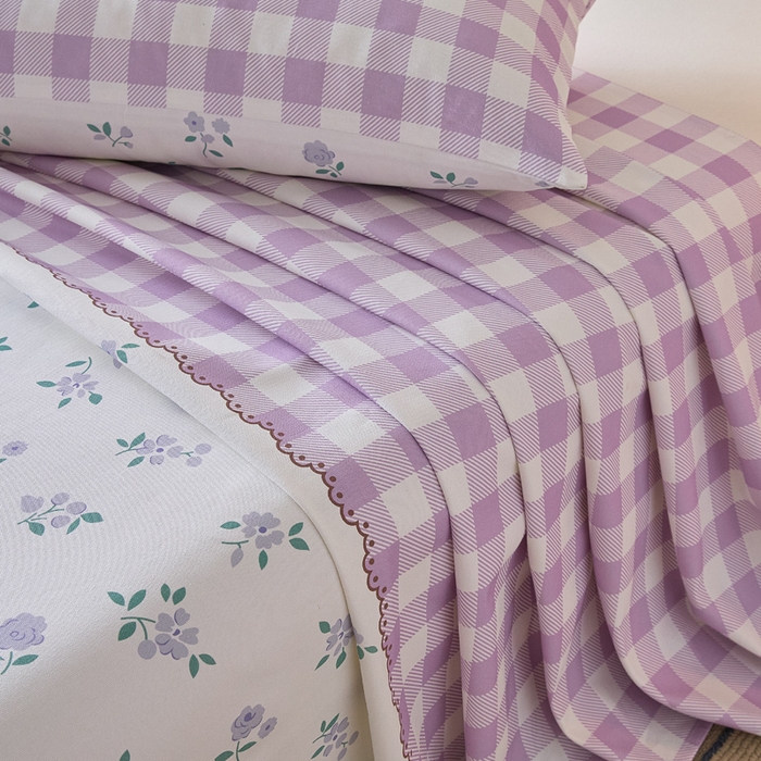 91家纺网 家纺一手货源 找家纺 大元 2026新款全棉纯棉老粗布凉席席子单床单 床单单件 紫格薰衣草