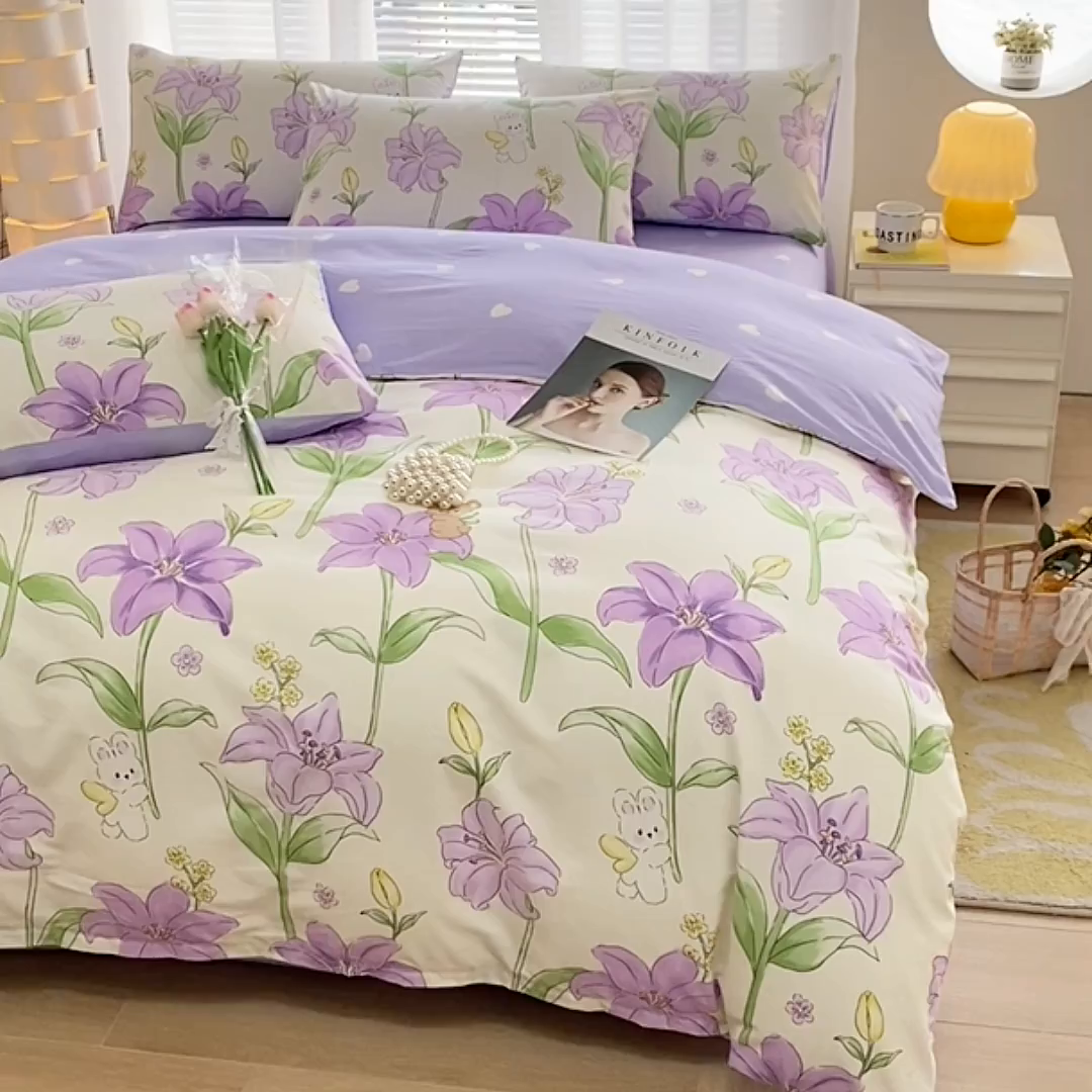 91家纺网 家纺一手货源 找家纺 宇彬家纺 2026直播新款13372A类全棉纯棉印花床单床笠款四件套和单被套喷气清新简约 春日来信