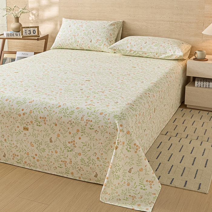 91家纺网 家纺一手货源 找家纺 大元 2026新款全棉纯棉老粗布凉席席子单床单 床单单件 花丛小兔