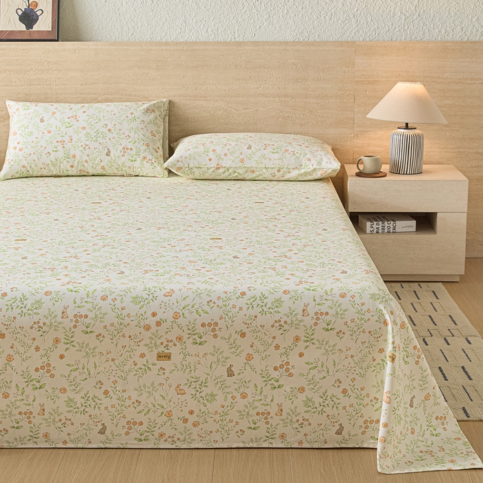 91家纺网 家纺一手货源 找家纺 大元 2026新款全棉纯棉老粗布凉席席子单床单 床单单件 花丛小兔