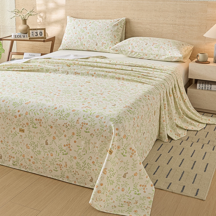 91家纺网 家纺一手货源 找家纺 大元 2026新款全棉纯棉老粗布凉席席子单床单 床单单件 花丛小兔