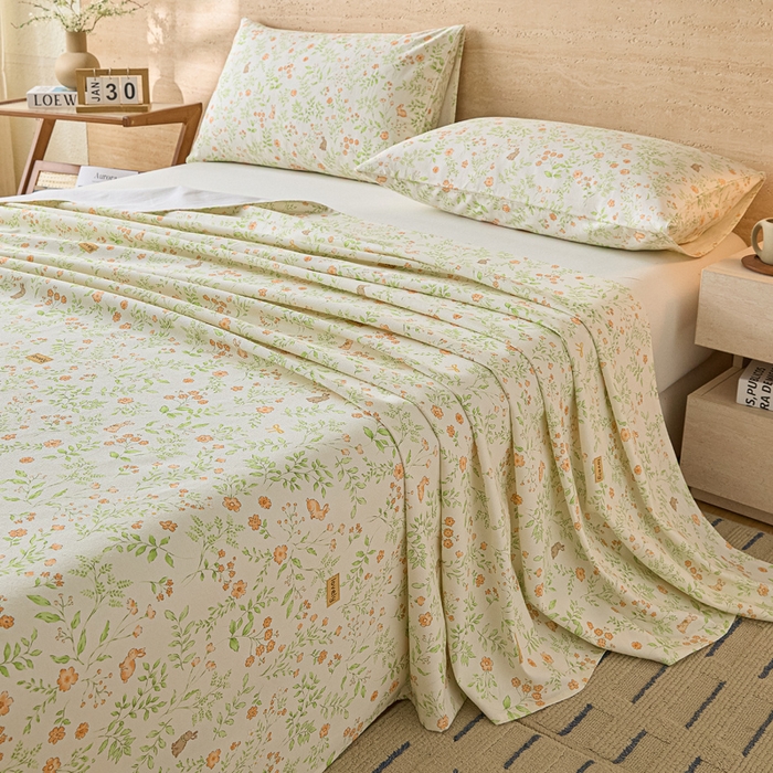 91家纺网 家纺一手货源 找家纺 大元 2026新款全棉纯棉老粗布凉席席子单床单 床单单件 花丛小兔