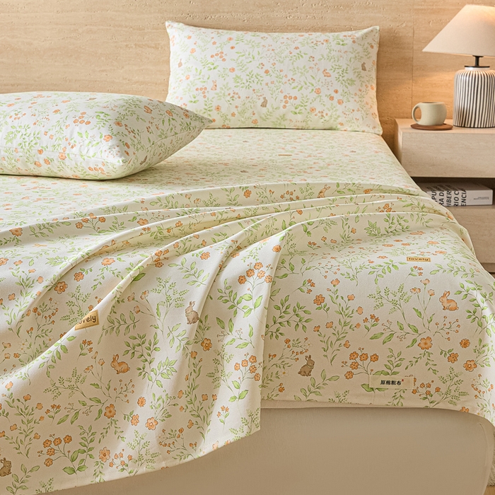 91家纺网 家纺一手货源 找家纺 大元 2026新款全棉纯棉老粗布凉席席子单床单 床单单件 花丛小兔