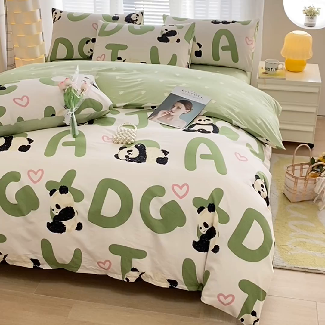 91家纺网 家纺一手货源 找家纺 宇彬家纺 2026直播新款13372A类全棉纯棉印花床单床笠款四件套和单被套喷气清新简约 米兜熊猫