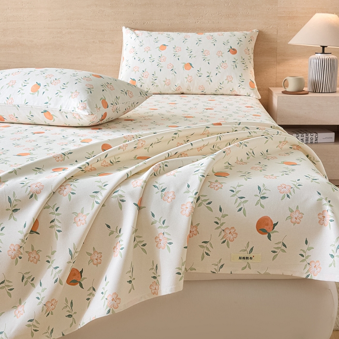 91家纺网 家纺一手货源 找家纺 大元 2026新款全棉纯棉老粗布凉席席子单床单 床单单件 橘花浅夏