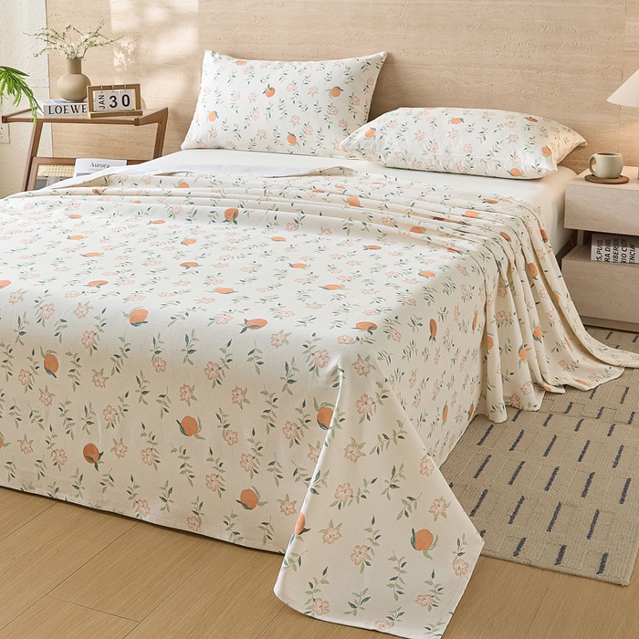91家纺网 家纺一手货源 找家纺 大元 2026新款全棉纯棉老粗布凉席席子单床单 床单单件 橘花浅夏