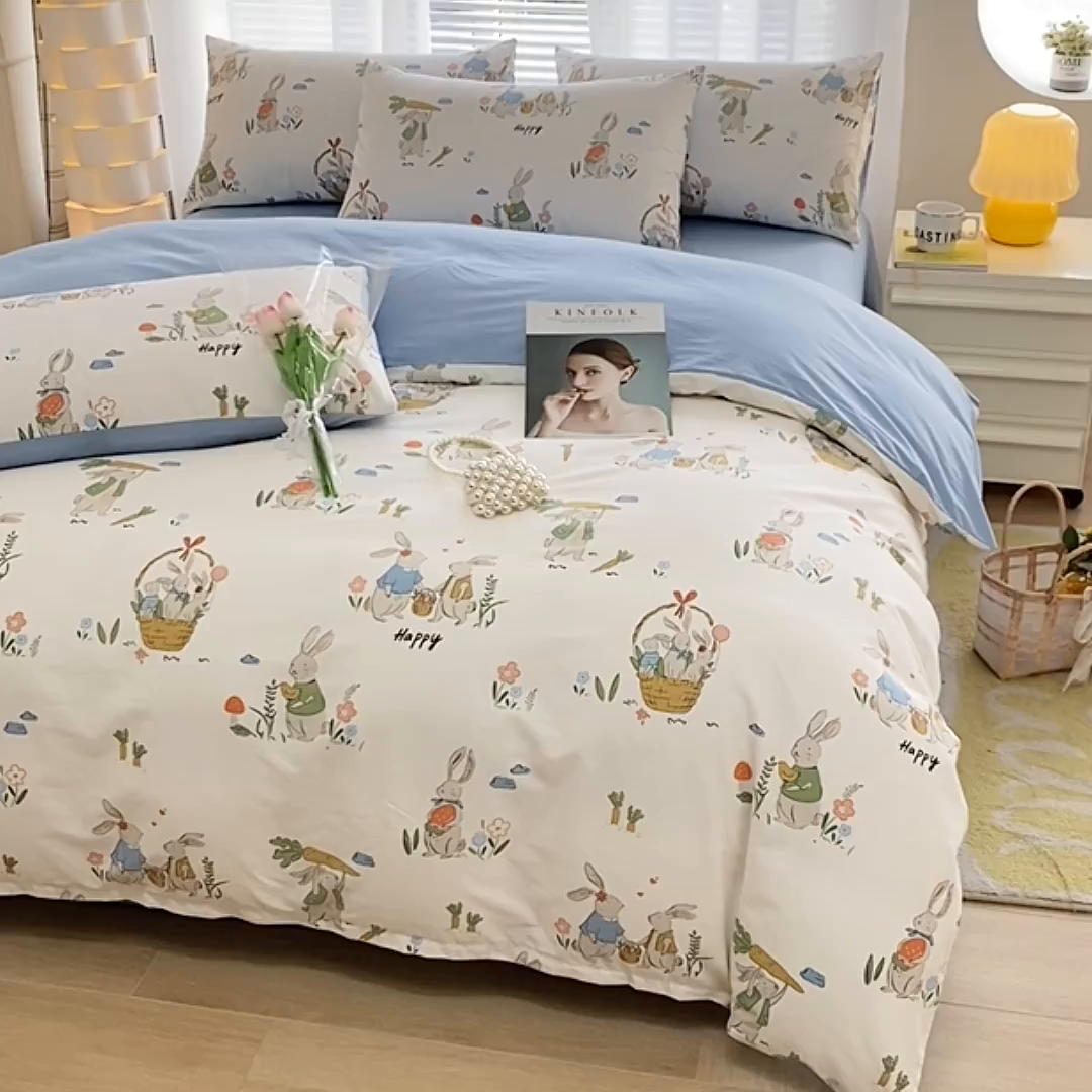 91家纺网 家纺一手货源 找家纺 宇彬家纺 2026直播新款13372A类全棉纯棉印花床单床笠款四件套和单被套喷气清新简约 收获满满