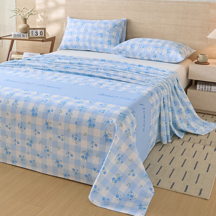 91家纺网 家纺一手货源 找家纺 大元 2026新款全棉纯棉老粗布凉席席子单床单 床单单件 蓝格苍兰