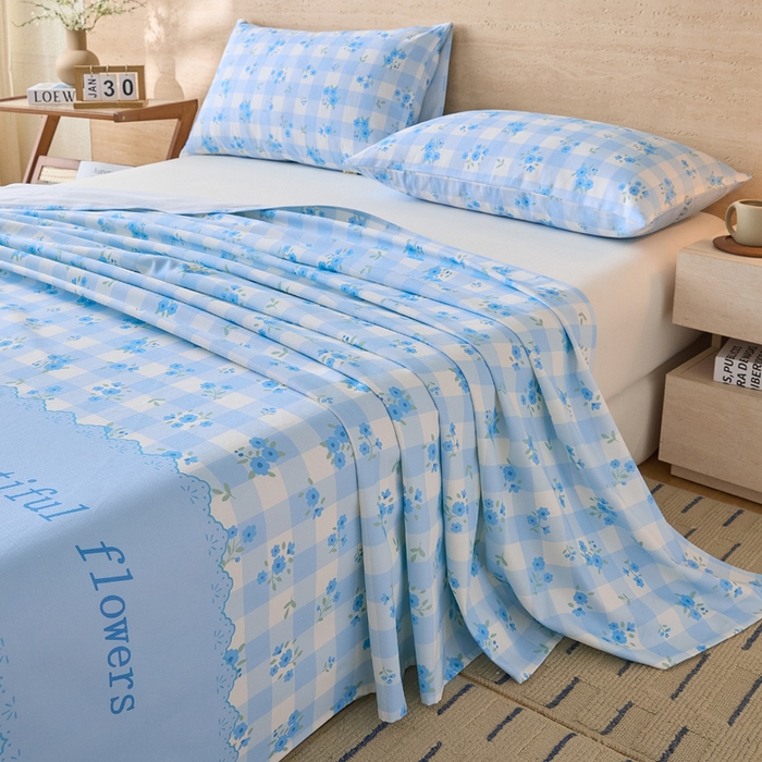 91家纺网 家纺一手货源 找家纺 大元 2026新款全棉纯棉老粗布凉席席子单床单 床单单件 蓝格苍兰