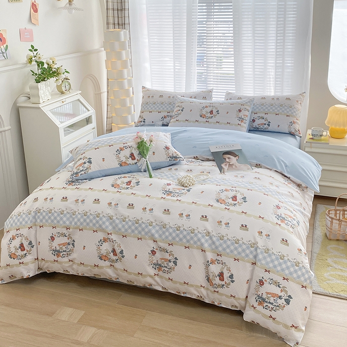 91家纺网 家纺一手货源 找家纺 宇彬家纺 2026直播新款13372A类全棉纯棉印花床单床笠款四件套和单被套喷气清新简约 维西兔