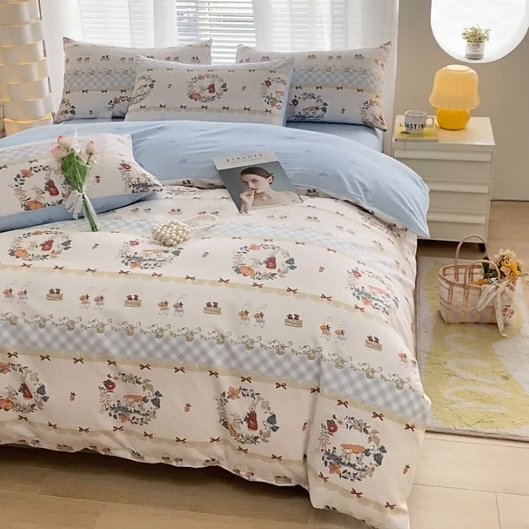 91家纺网 家纺一手货源 找家纺 宇彬家纺 2026直播新款13372A类全棉纯棉印花床单床笠款四件套和单被套喷气清新简约 维西兔