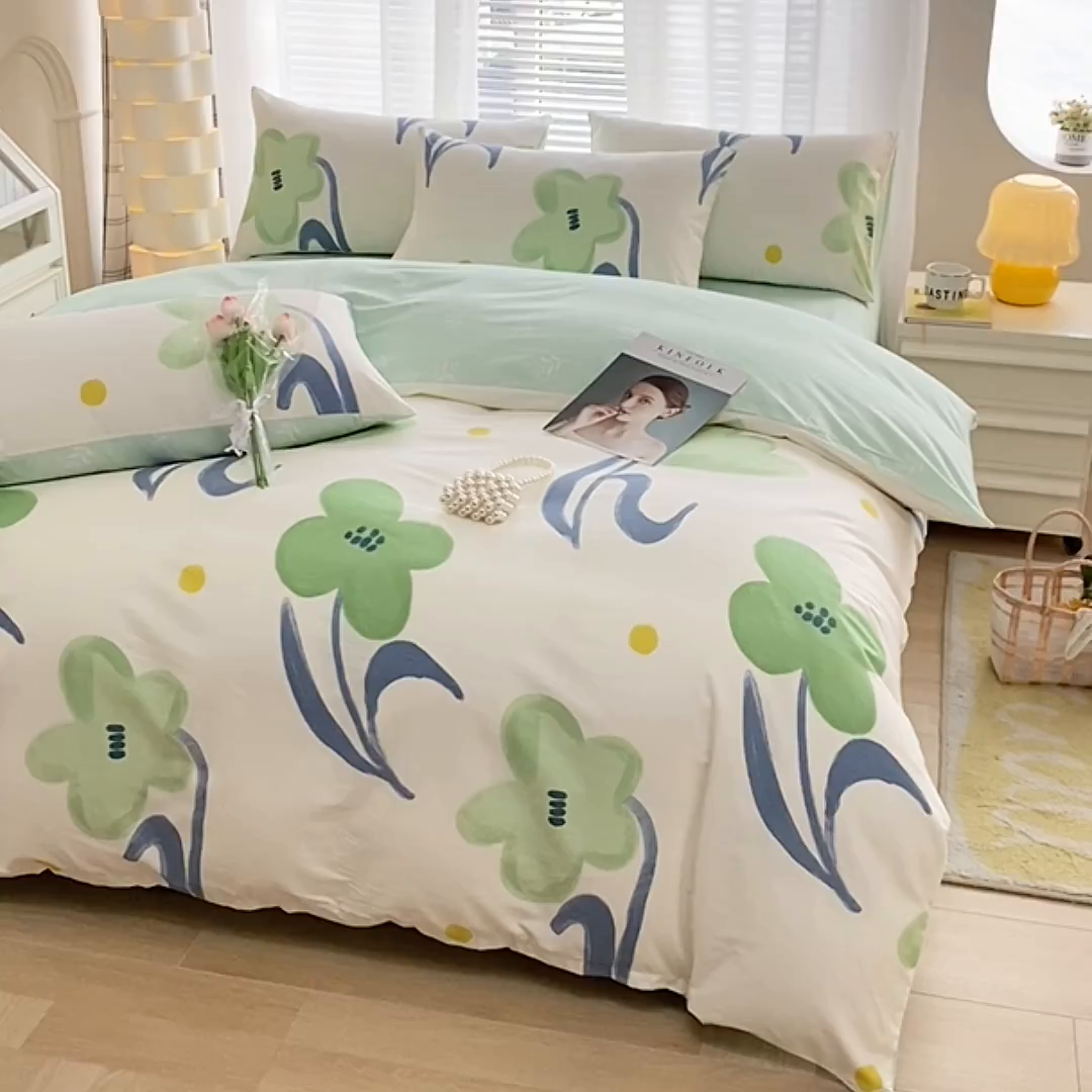 91家纺网 家纺一手货源 找家纺 宇彬家纺 2026直播新款13372A类全棉纯棉印花床单床笠款四件套和单被套喷气清新简约 小情调