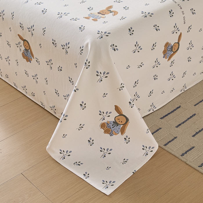 91家纺网 家纺一手货源 找家纺 大元 2026新款全棉纯棉老粗布凉席席子单床单 床单单件 蓝枝萌兔