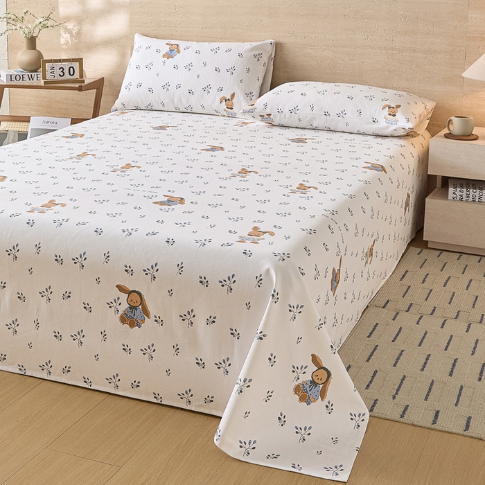 91家纺网 家纺一手货源 找家纺 大元 2026新款全棉纯棉老粗布凉席席子单床单 床单单件 蓝枝萌兔