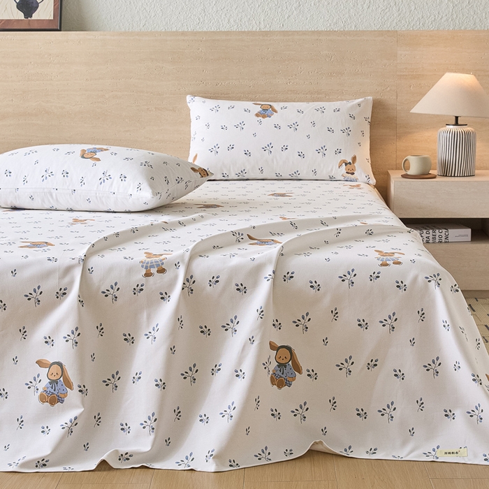 91家纺网 家纺一手货源 找家纺 大元 2026新款全棉纯棉老粗布凉席席子单床单 床单单件 蓝枝萌兔