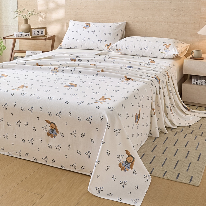 91家纺网 家纺一手货源 找家纺 大元 2026新款全棉纯棉老粗布凉席席子单床单 床单单件 蓝枝萌兔