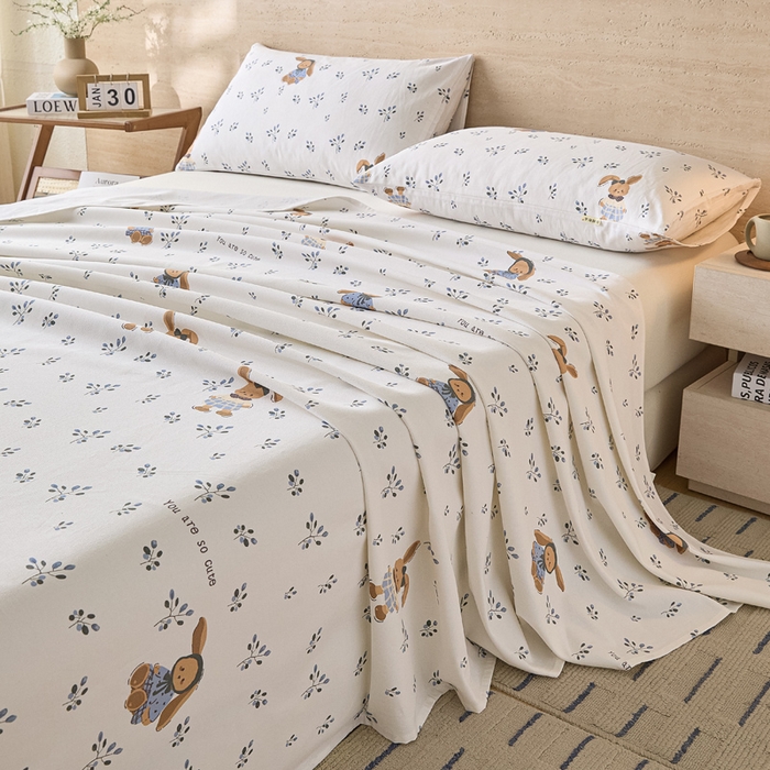 91家纺网 家纺一手货源 找家纺 大元 2026新款全棉纯棉老粗布凉席席子单床单 床单单件 蓝枝萌兔