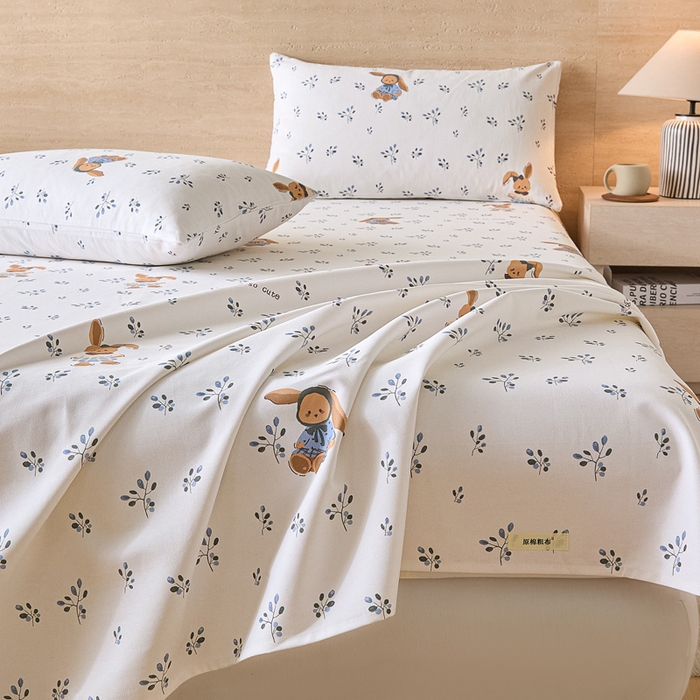 91家纺网 家纺一手货源 找家纺 大元 2026新款全棉纯棉老粗布凉席席子单床单 床单单件 蓝枝萌兔