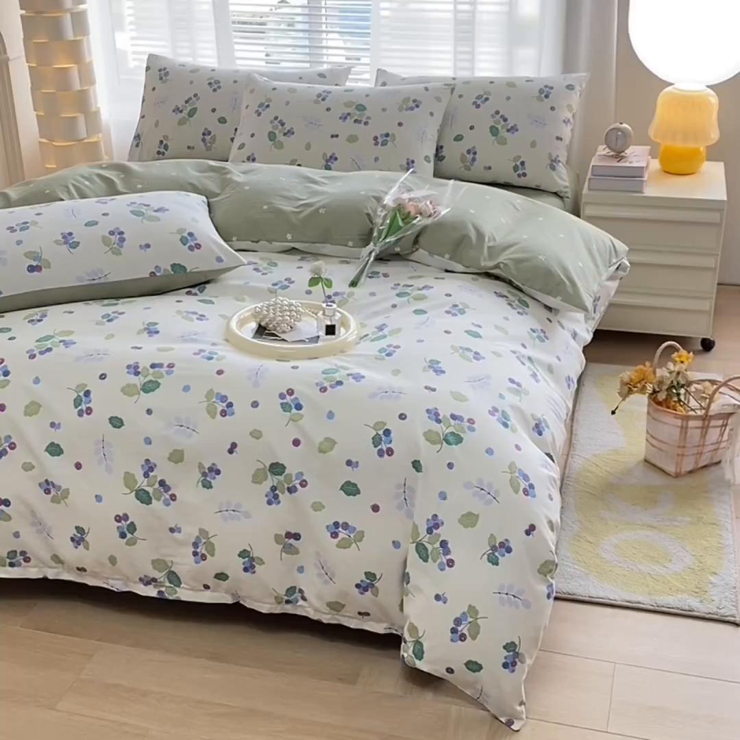 91家纺网 家纺一手货源 找家纺 宇彬家纺 2026直播新款13372A类全棉纯棉印花床单床笠款四件套和单被套喷气清新简约 北野花雾