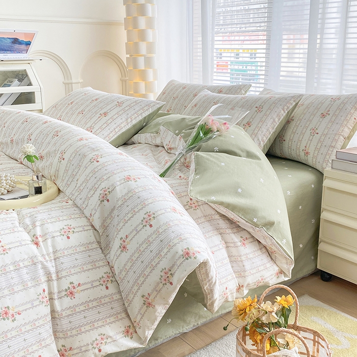 宇彬家纺 2026直播新款13372A类全棉纯棉印花床单床笠款四件套和单被套喷气清新简约 彩娜日记