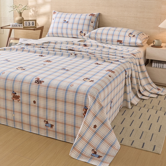 91家纺网 家纺一手货源 找家纺 大元 2026新款全棉纯棉老粗布凉席席子单床单 床单单件 奶萌腊肠狗