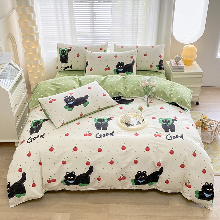 91家纺网 家纺一手货源 找家纺 宇彬家纺 2026直播新款13372A类全棉纯棉印花床单床笠款四件套和单被套喷气清新简约 怪诞猫咪