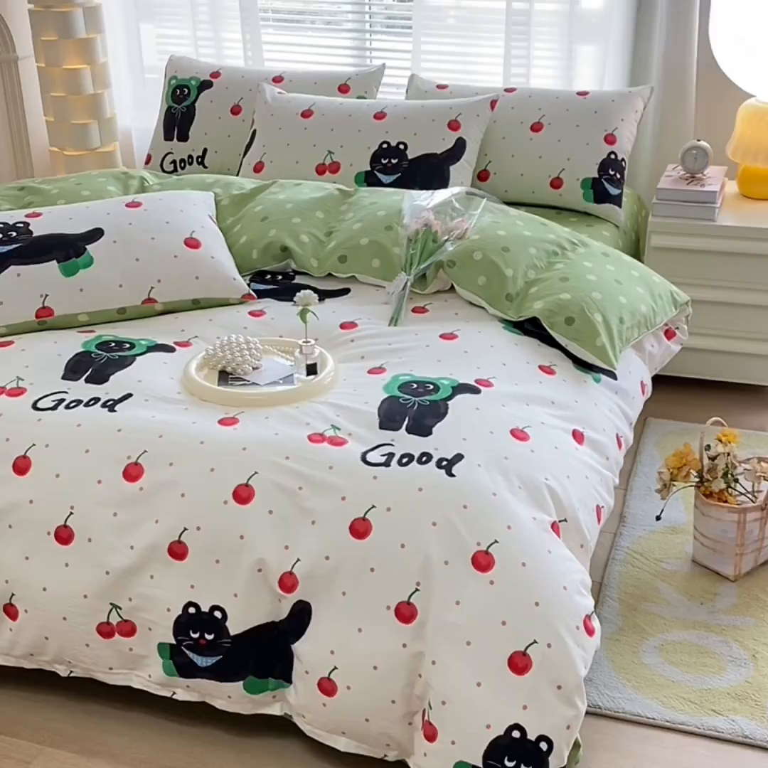 91家纺网 家纺一手货源 找家纺 宇彬家纺 2026直播新款13372A类全棉纯棉印花床单床笠款四件套和单被套喷气清新简约 怪诞猫咪