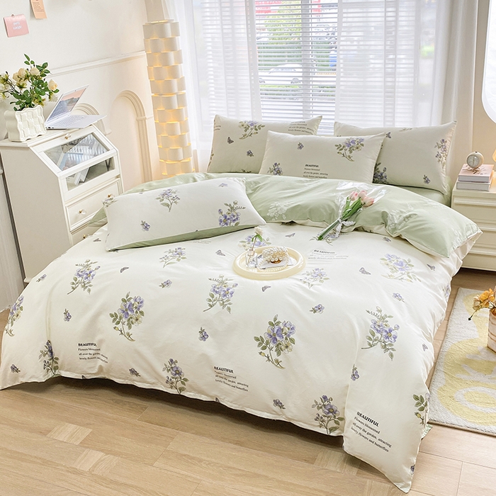 91家纺网 家纺一手货源 找家纺 宇彬家纺 2026直播新款13372A类全棉纯棉印花床单床笠款四件套和单被套喷气清新简约 翰墨飘香