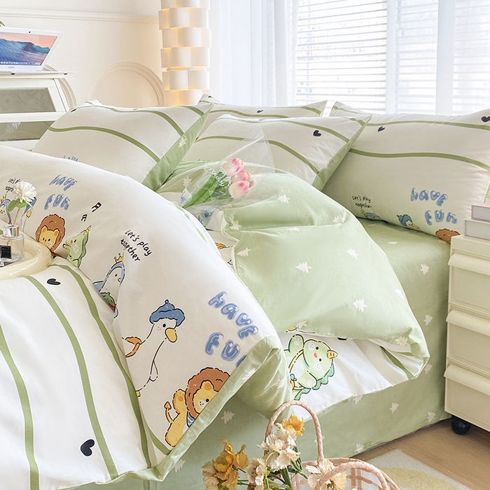 宇彬家纺 2026直播新款13372A类全棉纯棉印花床单床笠款四件套和单被套喷气清新简约 萌宠乐园