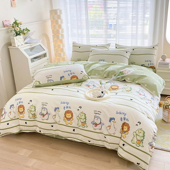 91家纺网 家纺一手货源 找家纺 宇彬家纺 2026直播新款13372A类全棉纯棉印花床单床笠款四件套和单被套喷气清新简约 萌宠乐园