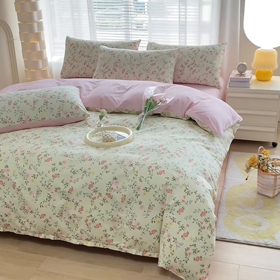 91家纺网 家纺一手货源 找家纺 宇彬家纺 2026直播新款13372A类全棉纯棉印花床单床笠款四件套和单被套喷气清新简约 细雨碎