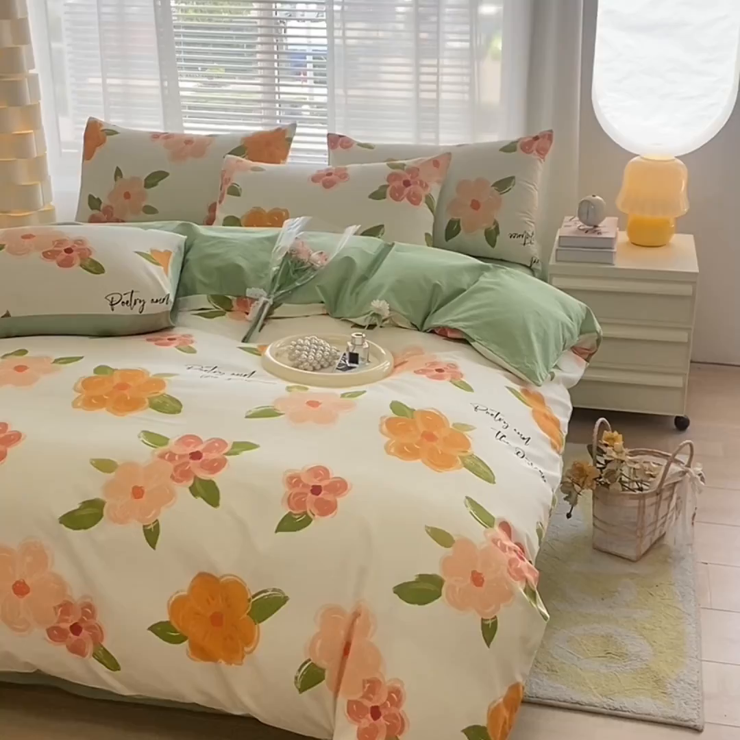 91家纺网 家纺一手货源 找家纺 宇彬家纺 2026直播新款13372A类全棉纯棉印花床单床笠款四件套和单被套喷气清新简约 争奇斗艳