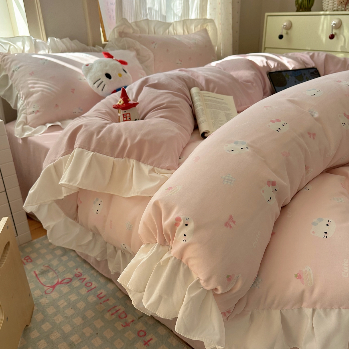 沐慕 2026新款加厚款水洗棉云朵棉花边款四件套 M粉黛kt