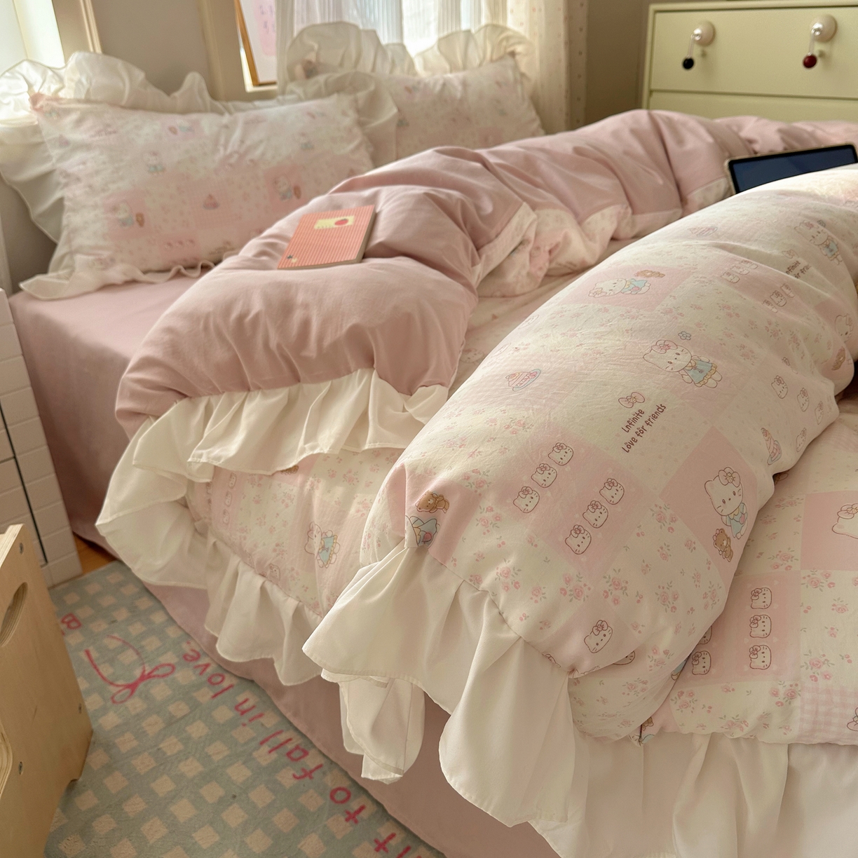 沐慕 2026新款加厚款水洗棉云朵棉花边款四件套 M格子碎花喵