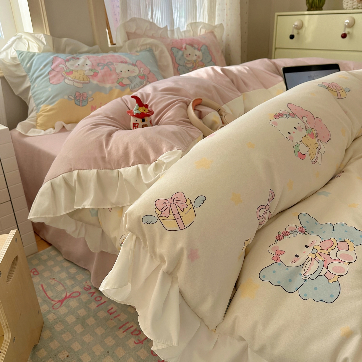 沐慕 2026新款加厚款水洗棉云朵棉花边款四件套 M猫咪仙子