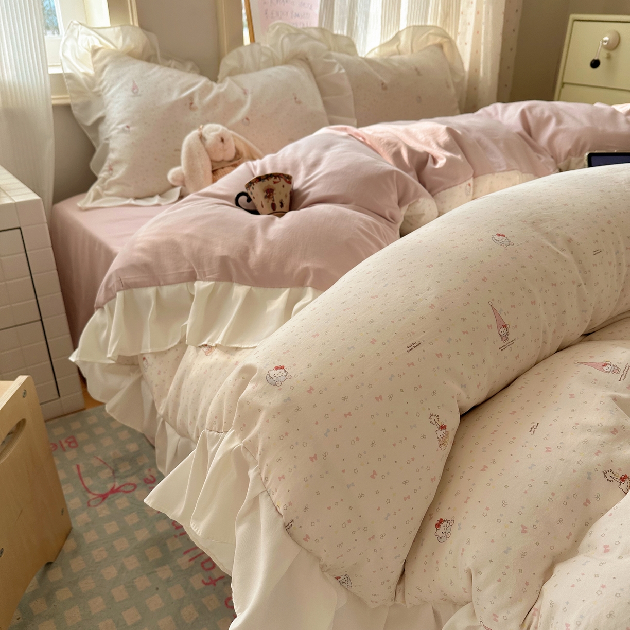 沐慕 2026新款加厚款水洗棉云朵棉花边款四件套 M桃桃精灵派