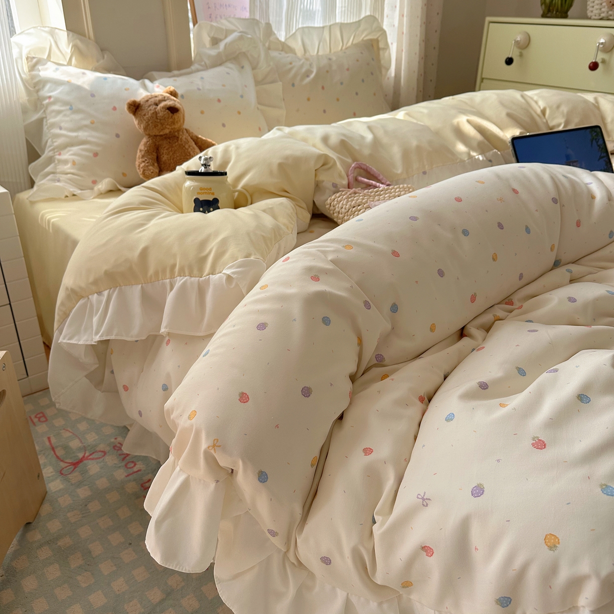 沐慕 2026新款加厚款水洗棉云朵棉花边款四件套 M奶油小草莓