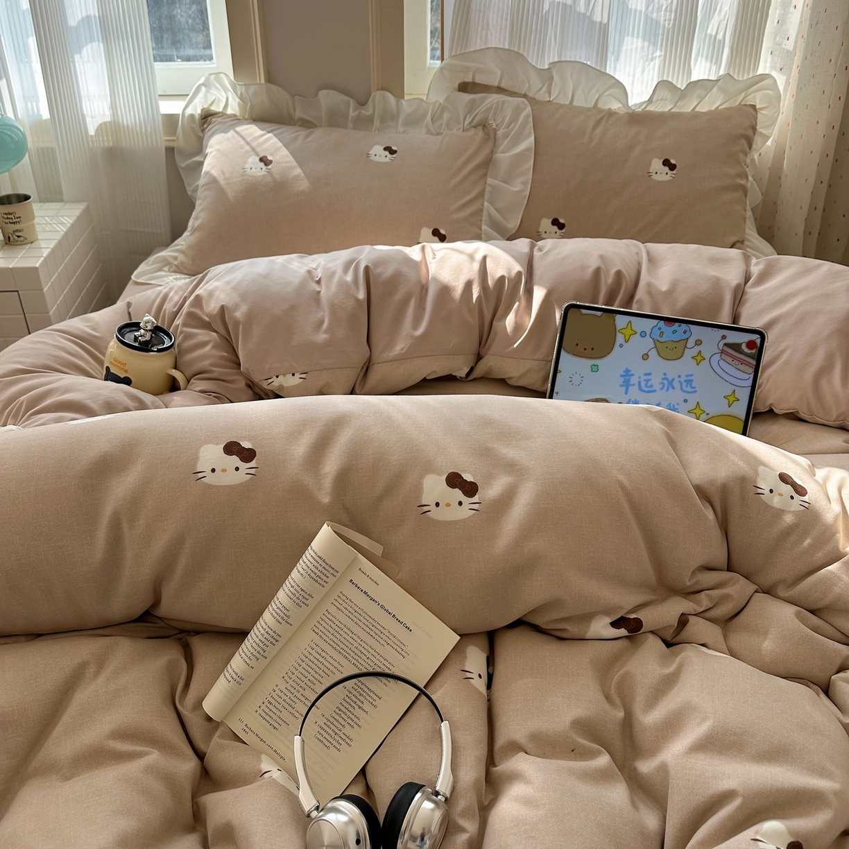 91家纺网 家纺一手货源 找家纺 沐慕 2026新款加厚款水洗棉云朵棉花边款四件套 M奶咖小喵