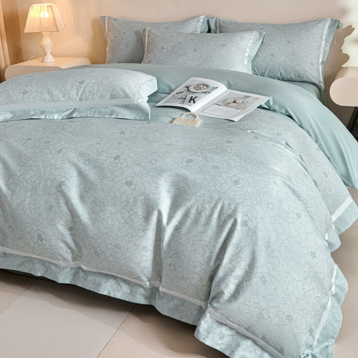 91家纺网 家纺一手货源 找家纺 新方向 【控价 提供买家秀】2026新款数码印花50s双股全棉贡缎长绒棉四件套-约定 约定-星月蓝