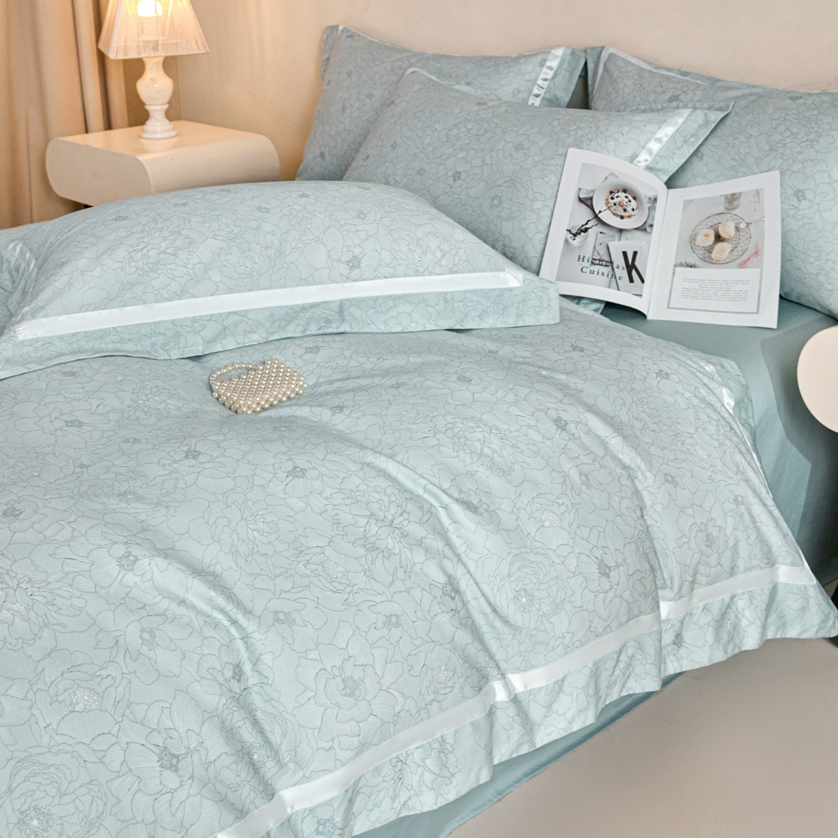 91家纺网 家纺一手货源 找家纺 新方向 【控价 提供买家秀】2026新款数码印花50s双股全棉贡缎长绒棉四件套-约定 约定-星月蓝